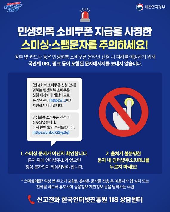 행정안전부,민생회복 소비쿠폰 사칭 스미싱·스팸문자 주의! 기사 이미지